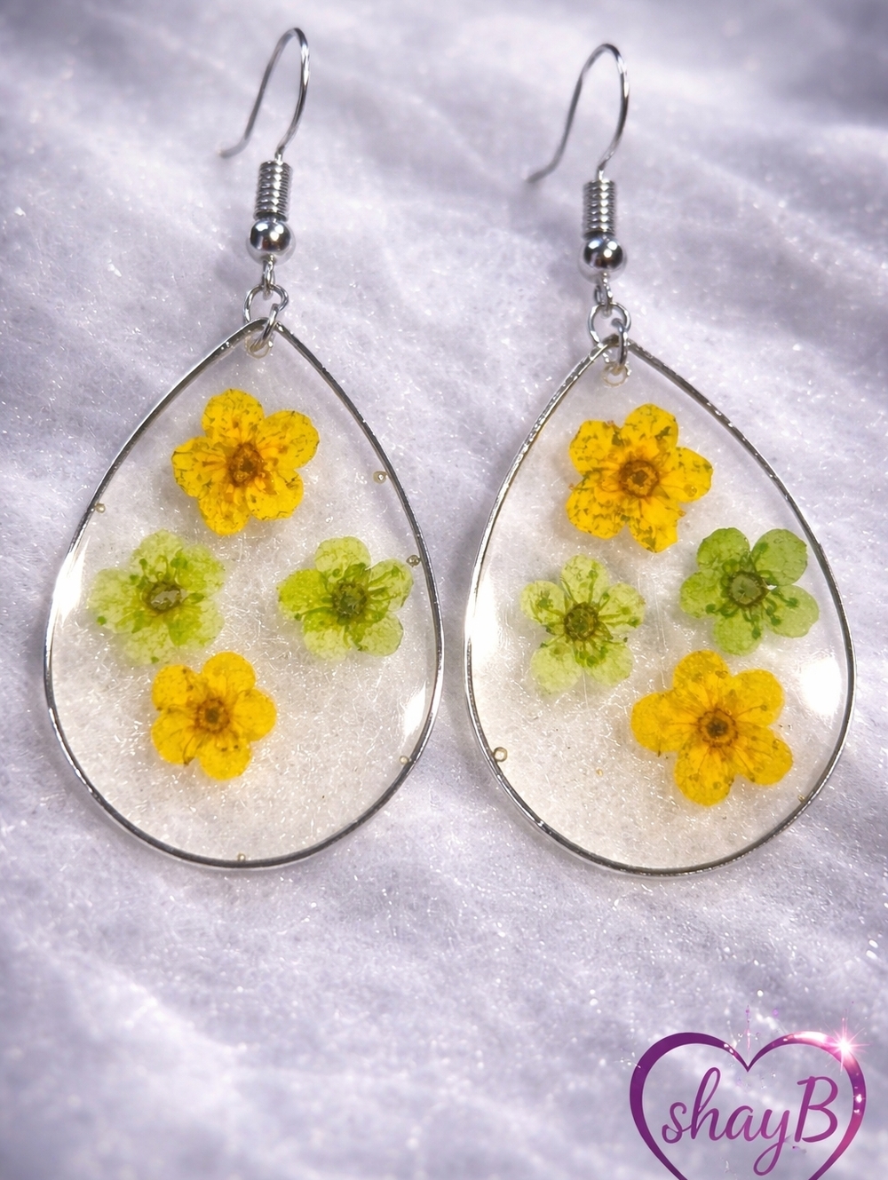 Yellow & Green Floral Teardrop Resin Earrings